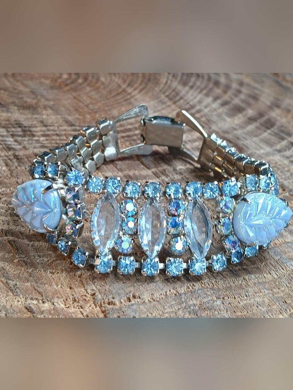 Blue Ice & Aurorea Borealis Rhinestone Bracelet With Moldedglass Accents 7.25"